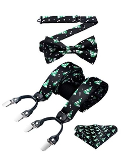 Mens Christmas Bow Tie and Suspenders Holiday Festival Braces Y Shape Fun Santa Braces Handkerchief Pocket Square Set