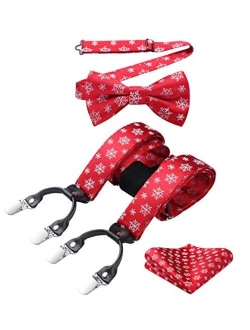 Mens Christmas Bow Tie and Suspenders Holiday Festival Braces Y Shape Fun Santa Braces Handkerchief Pocket Square Set