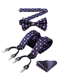 Mens Christmas Bow Tie and Suspenders Holiday Festival Braces Y Shape Fun Santa Braces Handkerchief Pocket Square Set