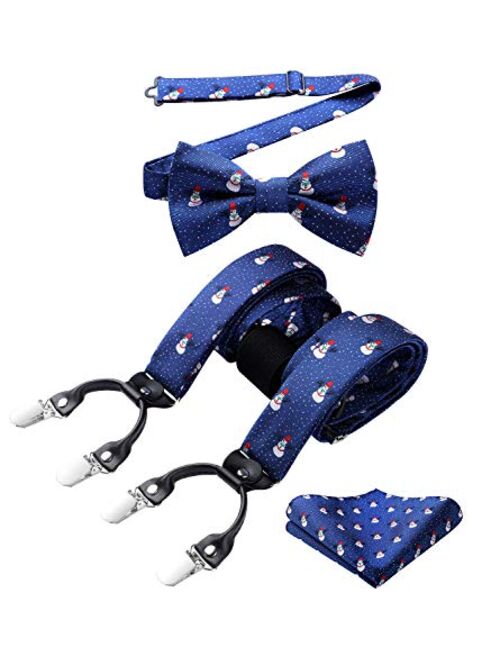 HISDERN Mens Christmas Bow Tie and Suspenders Holiday Festival Braces Y Shape Fun Santa Braces Handkerchief Pocket Square Set