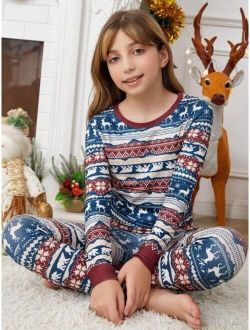 Tween Girl Animal Print Contrast Binding Tee & Pants PJ Set