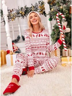 Family Matching Christmas Print Contrast Trim PJ Set