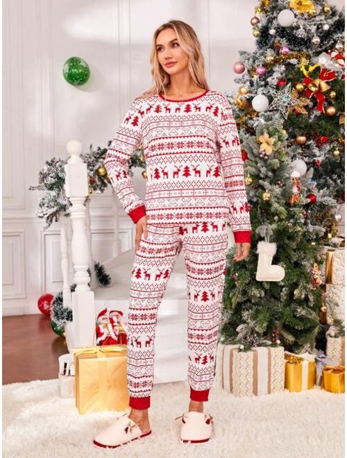 Shein Family Matching Christmas Print Contrast Trim PJ Set