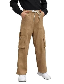 Kids Boys Corduroy Cargo Pants Drawstring Elastic Waist Straight Leg Trousers for Kids 7-14 Years