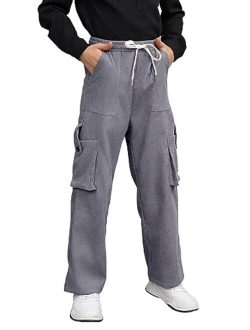 Kids Boys Corduroy Cargo Pants Drawstring Elastic Waist Straight Leg Trousers for Kids 7-14 Years