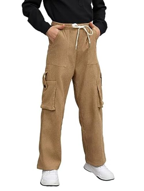 Dokotoo Kids Boys Corduroy Cargo Pants Drawstring Elastic Waist Straight Leg Trousers for Kids 7-14 Years