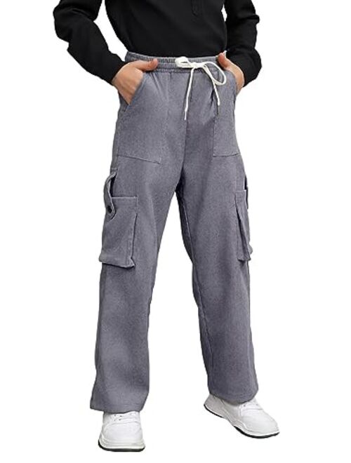 Dokotoo Kids Boys Corduroy Cargo Pants Drawstring Elastic Waist Straight Leg Trousers for Kids 7-14 Years