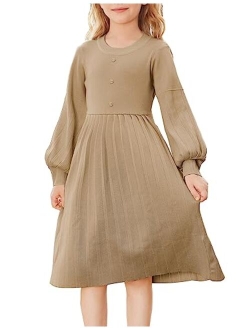 Girls Sweater Dress Long Sleeve Pleated A-Line Fall Dress 5-12Y