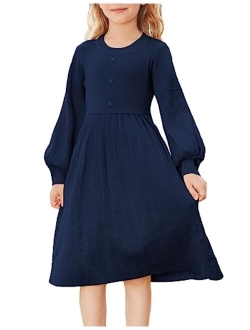 Girls Sweater Dress Long Sleeve Pleated A-Line Fall Dress 5-12Y