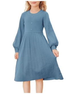 Girls Sweater Dress Long Sleeve Pleated A-Line Fall Dress 5-12Y