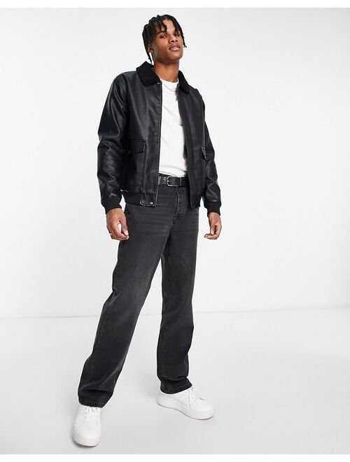 French Connection faux leather flight jacket with borg collar in black