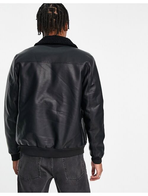 French Connection faux leather flight jacket with borg collar in black