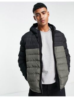 contrast puffer jacket with hood in black & khaki