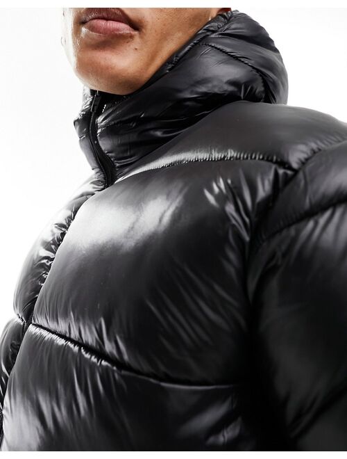 French Connection high neck shiny puffer jacket with hood in black