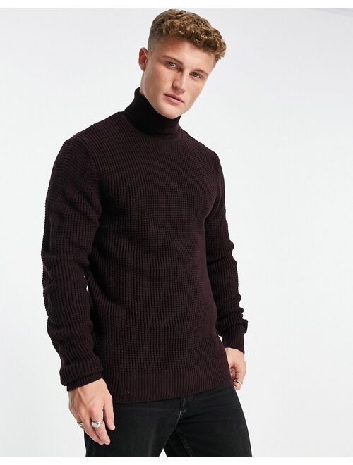 French Connection waffle roll neck sweater in burgundy