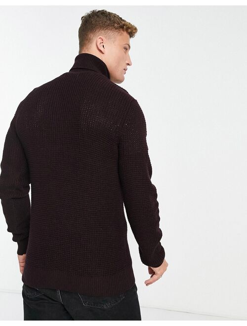 French Connection waffle roll neck sweater in burgundy