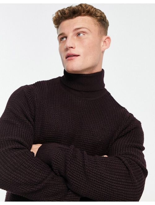 French Connection waffle roll neck sweater in burgundy