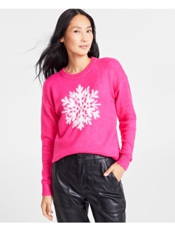 Holiday Lane Women's Snowflake-Print Crewneck Sweater, Created for Macy's