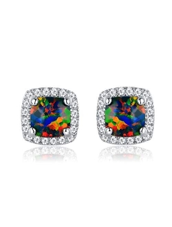 Barzel White Gold Plated Created White Opal Stud Earrings