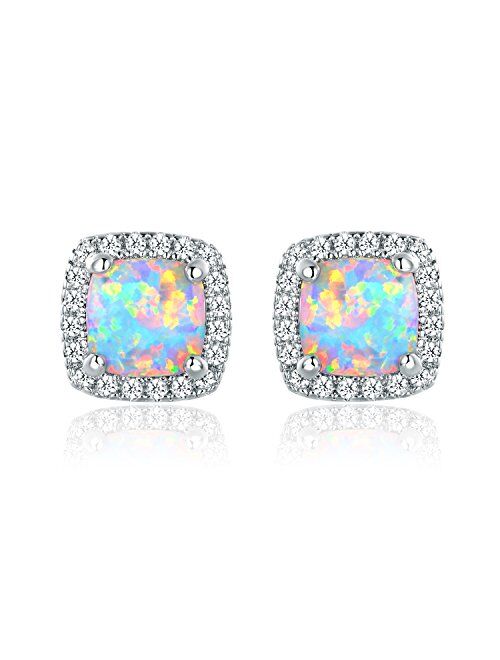 Barzel White Gold Plated Created White Opal Stud Earrings