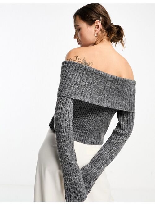 ASOS DESIGN off shoulder sweater in chunky rib in charcoal