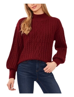 CeCe Women's Cable-Knit Mock Neck Bishop Sleeve Sweater