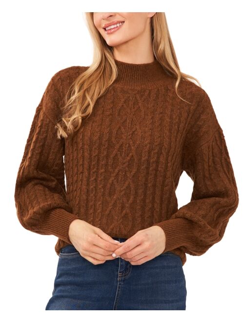 CeCe Women's Cable-Knit Mock Neck Bishop Sleeve Sweater