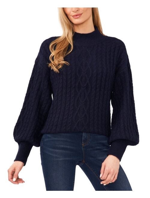 CeCe Women's Cable-Knit Mock Neck Bishop Sleeve Sweater