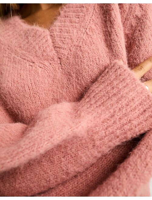 ASOS DESIGN chunky oversized v neck sweater in brushed yarn in pink