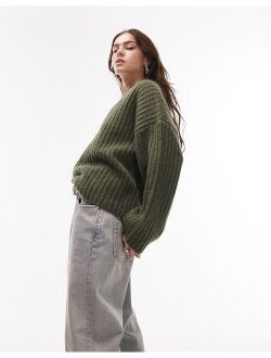 knit ribbed crew sweater in khaki