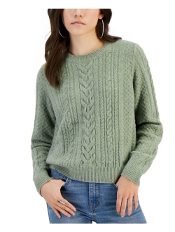 Hippie Rose Juniors' Crewneck Cable-Knit Sweater