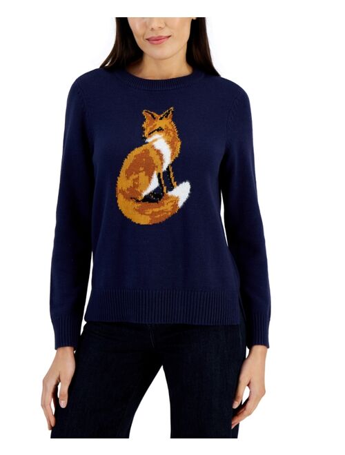 Karen Scott Women's Fox-Graphic Scoop-Neck Sweater, Created for Macy's