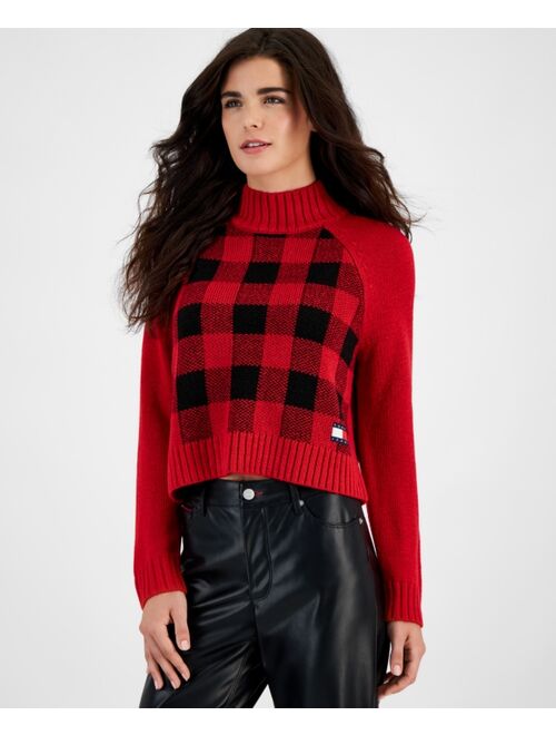 Tommy Jeans Women's Plaid-Front Mock-Neck Sweater