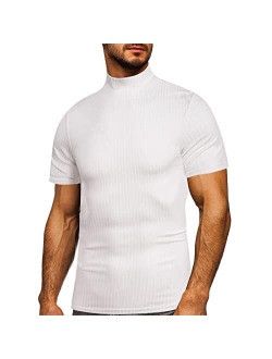 Lexiart Mens Mock Turtleneck Ribbed Solid Color Short Sleeve Basic Slim Fit Lightweight Pullover Tops