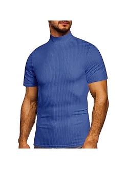 Lexiart Mens Mock Turtleneck Ribbed Solid Color Short Sleeve Basic Slim Fit Lightweight Pullover Tops