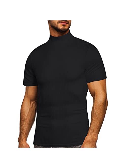 Lexiart Mens Mock Turtleneck Ribbed Solid Color Short Sleeve Basic Slim Fit Lightweight Pullover Tops