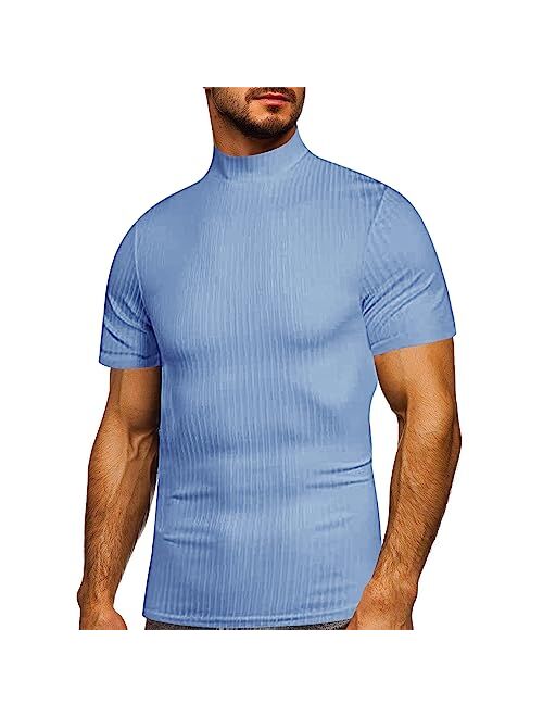 Lexiart Mens Mock Turtleneck Ribbed Solid Color Short Sleeve Basic Slim Fit Lightweight Pullover Tops