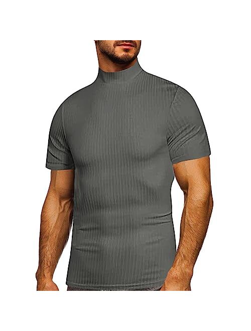 Lexiart Mens Mock Turtleneck Ribbed Solid Color Short Sleeve Basic Slim Fit Lightweight Pullover Tops