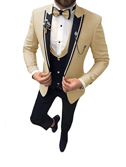 Suzhimo Men's Tuxedo Suit 3 Piece Slim Fit Tuxedo for Men Wedding Suit Prom Tuxedo Suit with Tie Blazer Vest Pants Set