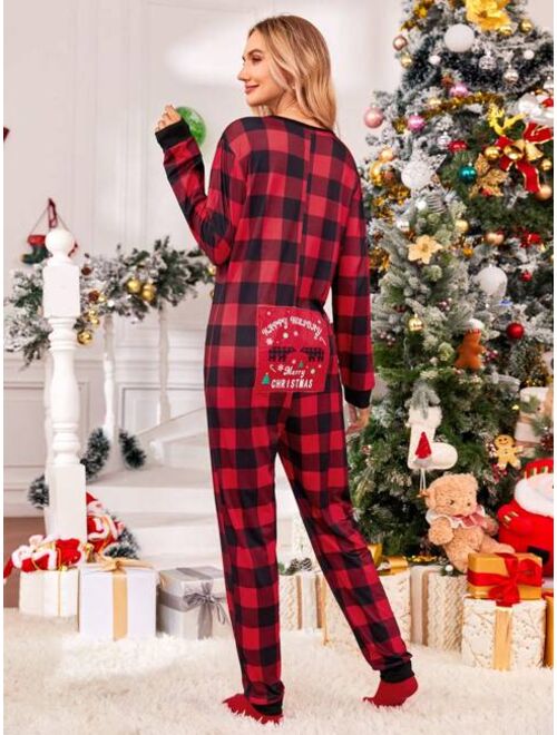 Shein 1pc Family Matching Buffalo Plaid & Christmas Print Sleep Jumpsuit