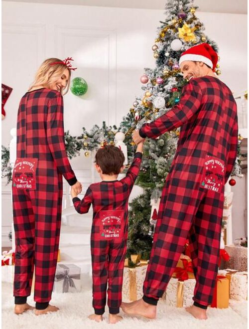 Shein 1pc Family Matching Buffalo Plaid & Christmas Print Sleep Jumpsuit