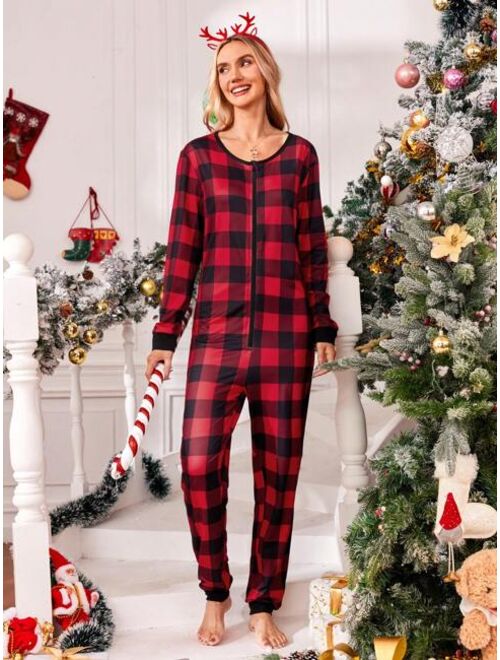 Shein 1pc Family Matching Buffalo Plaid & Christmas Print Sleep Jumpsuit