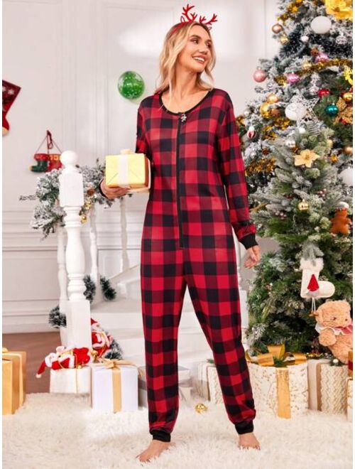 Shein 1pc Family Matching Buffalo Plaid & Christmas Print Sleep Jumpsuit