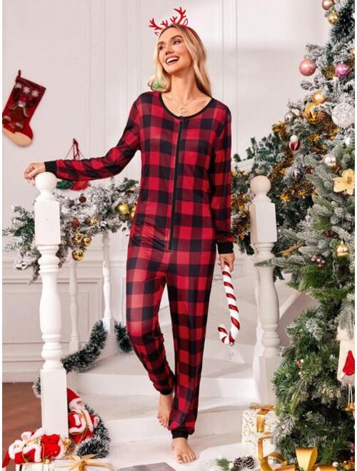 Shein 1pc Family Matching Buffalo Plaid & Christmas Print Sleep Jumpsuit