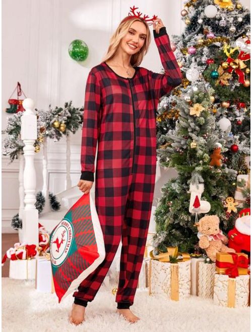 Shein 1pc Family Matching Buffalo Plaid & Christmas Print Sleep Jumpsuit