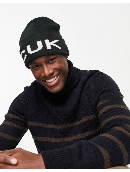 French Connection FCUK ribbed beanie hat in black