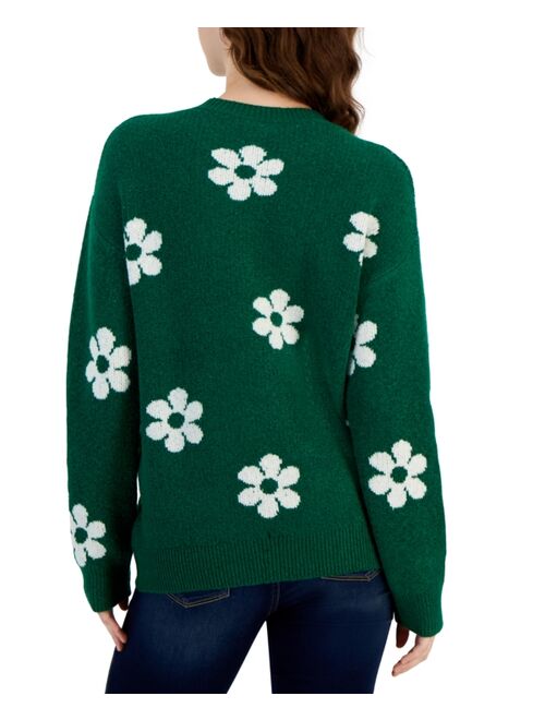 Hooked Up by IOT Juniors' Crewneck Daisy Printed Sweater