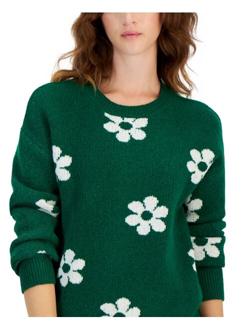 Hooked Up by IOT Juniors' Crewneck Daisy Printed Sweater