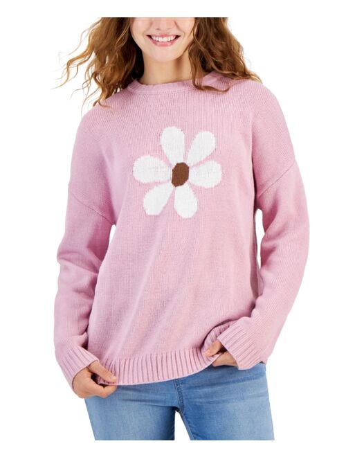 Just Polly Juniors' Daisy Graphic Ribbed-Edge Sweater