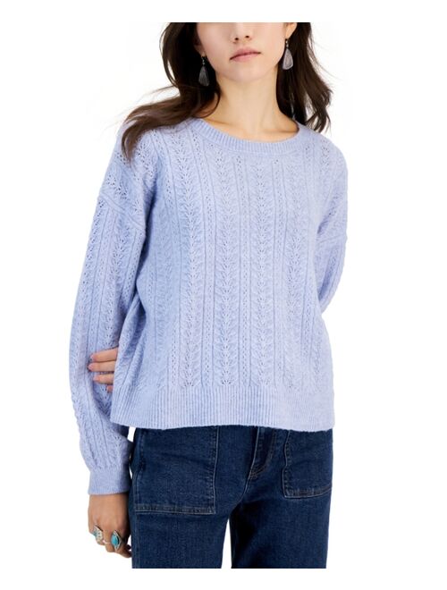 Hippie Rose Juniors' Crewneck Pointelle-Knit Sweater